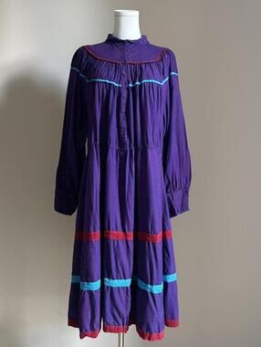 Vintage Cotton Prairie Dress Purple Polka Dot Midi Maxi M
